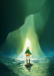 Rule 34 | 1girl, absurdres, black footwear, braid, cave, cave interior, child, cloak, dark-skinned female, dark skin, day, dress, from behind, green cloak, green theme, highres, kika, long hair, nature, poncho, reflection, shoes, short dress, sky: children of the light, sky child, solo, standing, twin braids, twintails, wading, water, white dress, white hair