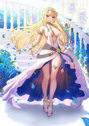 Rule 34 | 1girl, absurdres, bare legs, bare shoulders, blonde hair, blush, breasts, chest jewel, cleavage, cleavage cutout, closed mouth, clothing cutout, dangle earrings, dress, earrings, gem, handrail, headpiece, highres, jewelry, ken-san, large breasts, long hair, looking at viewer, mythra (xenoblade), railing, smile, solo, spiral staircase, stairs, stairwell, standing, swept bangs, thighlet, tiara, very long hair, xenoblade chronicles (series), xenoblade chronicles 2, yellow eyes