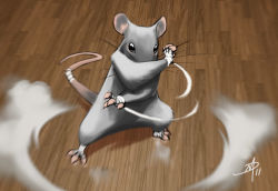 Rule 34 | animal, bandages, fighting stance, mouse (animal), no humans, original, polarityplus, smoke ring, solo, tail, wooden floor