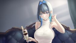 Rule 34 | 1girl, absurdres, bare shoulders, black hair, blue eyes, blue hair, blue nails, breasts, closed mouth, colored inner hair, couch, food, hair intakes, highres, hololive, hololive english, ice cream, jitome, large breasts, long hair, looking at viewer, multicolored hair, ouro kronii, shirt, sleeveless, solo, somebody (leiking00), sundae, taut clothes, taut shirt, turtleneck, upper body, virtual youtuber