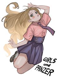 Rule 34 | 1girl, :o, arm up, blonde hair, blue skirt, blush, buttons, collared shirt, commentary request, copyright name, diagonal-striped clothes, diagonal-striped necktie, drill hair, girls und panzer, green eyes, highres, long hair, looking to the side, machishita atake, marie (girls und panzer), necktie, open mouth, pink shirt, pleated skirt, shirt, short sleeves, simple background, skirt, socks, solo, striped clothes, striped necktie, white background