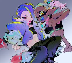 Rule 34 | 2girls, :p, absurdres, alternate eye color, arm support, arm up, baggy pants, black bra, black pants, black socks, black tube top, blonde hair, blue hair, bra, breasts, collarbone, colored eyelashes, colored tongue, dark-skinned female, dark skin, fangs, frye (splatoon), gradient background, hair over one eye, halftone, highres, inkling, jacket, jewelry, korean commentary, leg grab, long hair, looking at viewer, medium breasts, midriff, multiple girls, necklace, nintendo, octoling, official alternate costume, open clothes, open jacket, open mouth, pants, pink eyes, pink pupils, pointy ears, print tube top, purple jacket, purple tongue, red footwear, shiver (splatoon), short eyebrows, sitting, small breasts, socks, splatoon (series), splatoon 3, strapless, suction cups, tentacle hair, thumbs down, tongue, tongue out, track pants, tube top, ufs333, underwear, white pants, yellow eyes