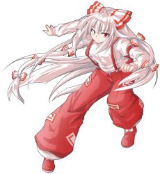 Rule 34 | 1girl, baggy pants, bow, buttons, collared shirt, dairi, fujiwara no mokou, full body, hair bow, hair ribbon, long hair, long sleeves, looking at viewer, ofuda, pants, red eyes, red footwear, red pants, ribbon, serious, shirt, shoes, solo, standing, suspenders, tachi-e, touhou, transparent background, very long hair, white bow, white hair, white shirt