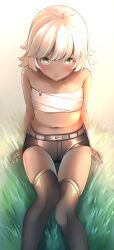Rule 34 | 1girl, :o, bare arms, bare shoulders, belt, belt buckle, black shorts, blush, brown eyes, buckle, collarbone, comah, dark-skinned female, dark skin, feet out of frame, hair between eyes, highres, knees together feet apart, looking at viewer, navel, on ground, original, parted lips, sarashi, short shorts, shorts, sitting, solo, v-shaped eyebrows, white belt, white hair