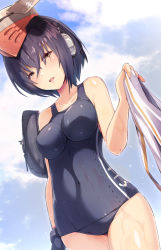 Rule 34 | 10s, 1girl, arm at side, asymmetrical hair, bare shoulders, black hair, blue one-piece swimsuit, blush, breasts, brown eyes, cloud, covered navel, cowboy shot, day, dutch angle, from below, gloves, hair between eyes, headphones, i-13 (kancolle), kantai collection, lips, looking at viewer, medium breasts, meth (emethmeth), one-piece swimsuit, parted lips, partially fingerless gloves, sailor collar, school swimsuit, school uniform, serafuku, unworn shirt, short hair, single glove, sky, solo, swimsuit, thighs, tsurime