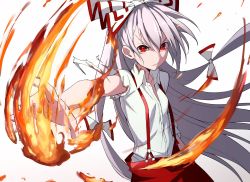 Rule 34 | 1girl, baggy pants, blunt bangs, bow, breasts, burnt clothes, closed mouth, collarbone, collared shirt, cowboy shot, feet out of frame, fire, fujiwara no mokou, hair bow, hand in pocket, highres, lips, long hair, looking at viewer, pants, pyrokinesis, red bow, red eyes, serious, shirt, silver hair, simple background, small breasts, solo, standing, suspenders, torn clothes, torn sleeves, touhou, two-tone bow, v-shaped eyebrows, very long hair, white background, wing collar, yoshinatsu