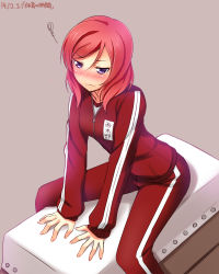 Rule 34 | 10s, 1girl, blush, dated, embarrassed, gym uniform, highres, jacket, love live!, love live! school idol festival, love live! school idol project, name tag, nishikino maki, nose blush, purple eyes, red hair, short hair, simple background, solo, track jacket, track suit, vaulting horse, yu-ta