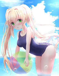 Rule 34 | 1girl, :o, arched back, ball, bare arms, bare shoulders, beachball, blue one-piece swimsuit, blue sky, blush, breasts, cloud, collarbone, commentary request, day, green eyes, hair between eyes, hair intakes, hair ornament, highres, holding, holding ball, kouda suzu, leaning forward, long hair, looking at viewer, medium breasts, ocean, one-piece swimsuit, outdoors, parted lips, sky, solo, striped, summer pockets, swimsuit, tsumugi wenders, twintails, very long hair, wading, water, x hair ornament
