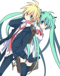 aqua_eyes aqua_hair blonde_hair hatsune_miku kagamine_len long_hair mashiro_pima necktie school_uniform skirt thighhighs twintails very_long_hair vocaloid zettai_ryouiki