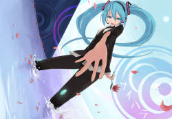Rule 34 | 1girl, blue eyes, blue hair, flower, foreshortening, formal, hatsune miku, kaida michi, long hair, matching hair/eyes, outstretched arm, outstretched hand, pant suit, pants, reaching, saihate (vocaloid), shatiko, solo, suit, twintails, vocaloid, water