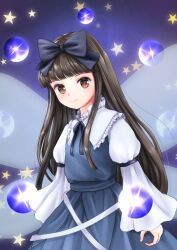 Rule 34 | 1girl, arms at sides, black hair, blue bow, blue dress, blunt bangs, bow, brown eyes, commentary request, cowboy shot, danmaku, dress, fairy wings, flat chest, frilled shirt collar, frills, hair bow, highres, juliet sleeves, kyabekko, light blush, light smile, long hair, long sleeves, looking at viewer, puffy sleeves, sidelocks, sleeves past wrists, solo, star (symbol), star sapphire, touhou, very long hair, wide sleeves, wings