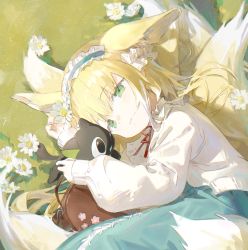 Rule 34 | 1girl, absurdres, animal, animal ear fluff, animal ears, arknights, arm up, bag, black cat, blonde hair, blue dress, blue hairband, cat, closed mouth, commentary request, day, dress, flower, fox ears, fox girl, fox tail, frilled hairband, frills, grass, green eyes, hair in own mouth, hairband, hand up, highres, jacket, kitsune, long hair, long sleeves, luo xiaohei, lying, multicolored hair, neck ribbon, on grass, on side, open clothes, open jacket, outdoors, puffy long sleeves, puffy sleeves, red ribbon, ribbon, sleeves past wrists, smile, suzuran (arknights), suzuran (spring praise) (arknights), tail, luo xiaohei zhanji, two-tone hair, white flower, white hair, white jacket, yuyin (uzrv7533)