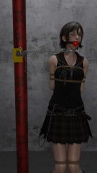 Rule 34 | 1girl, arms behind back, ball gag, bdsm, bondage, bound, bound arms, bound legs, breast bondage, breasts, brown eyes, brown hair, chain, chained, dogmcgo, final fantasy, final fantasy xv, gag, gagged, hair between eyes, highres, iris amicitia, jewelry, legs, looking at viewer, necklace, one eye closed, restrained, skirt, square enix, standing