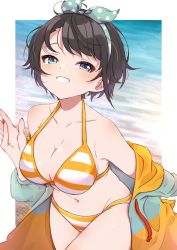 Rule 34 | 1girl, absurdres, bad hands, beach, bikini, black hair, blue eyes, blue jacket, blush, breasts, cleavage, collarbone, commentary, cowboy shot, grin, highres, hololive, jacket, looking at viewer, medium breasts, multicolored clothes, multicolored jacket, nail polish, navel, off shoulder, official alternate costume, oozora subaru, oozora subaru (hololive summer 2019), open clothes, open jacket, orange bikini, orange jacket, polka dot hairband, red nails, short hair, smile, solo, standing, stomach, striped bikini, striped clothes, suzushika (13 96), swept bangs, swimsuit, teeth, two-tone jacket, virtual youtuber