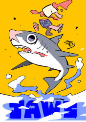 Rule 34 | 1other, ambiguous gender, animal focus, blood, blood from mouth, blood spray, blue shorts, brown footwear, commentary request, copyright name, denim, denim shorts, full body, guro, headless, jaws (movie), pocket, sandals, shark, sharp teeth, shirt, shoe loss, short sleeves, shorts, simple background, splashing, t-shirt, teeth, terada tera, white shirt, white sleeves, yellow background