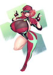 Rule 34 | 1girl, absurdres, adapted costume, artist name, asymmetrical clothes, baseball cap, blush, breasts, cleavage, commission, curvy, deumosden, double v, earrings, fingerless gloves, gigantic breasts, gloves, hat, highres, jewelry, leg up, open mouth, pyra (xenoblade), red eyes, red hair, see-through, short hair, shrug (clothing), sideboob, smile, solo, standing, standing on one leg, thick thighs, thighs, v, wide hips, xenoblade chronicles (series), xenoblade chronicles 2