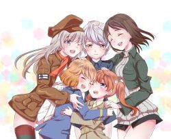 Rule 34 | 5girls, amelie planchard, blue eyes, brown hair, closed eyes, cropped jacket, francie gerard, green eyes, hair ribbon, hand on head, hat, hug, kadomaru misa, laura toth, military, military uniform, multiple girls, no pants, one eye closed, open mouth, orange hair, panties, ribbed sweater, ribbon, silver hair, smile, strike witches, striped clothes, striped legwear, striped thighhighs, sweater, thighhighs, totonii (totogoya), twintails, underwear, uniform, wilma bishop, wink, world witches series
