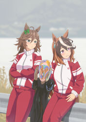 Rule 34 | 1other, 2girls, :/, ahoge, animal ears, aqua eyes, arms at sides, blurry, blurry background, bow, brown hair, closed mouth, crossed arms, day, ear bow, fine art parody, grey hair, hair between eyes, highres, horse ears, jacket, jewelry, light blush, light smile, long hair, long sleeves, looking to the side, mafty, mr. c.b. (umamusume), multicolored hair, multiple girls, on railing, outdoors, pants, parody, parted lips, purple eyes, railing, side-by-side, sitting, streaked hair, suiyou dou de shou, symboli rudolf (umamusume), the scream, tracen training uniform, track jacket, track pants, track suit, umamusume, very long hair