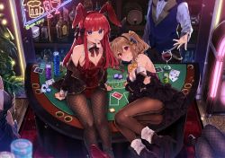 Rule 34 | 1boy, 4girls, alcohol, animal ears, beer bottle, blonde hair, blush, boots, card, card in mouth, carpet, dress shirt, fishnet legwear, fishnets, hair ornament, high heel boots, high heels, highres, ikeuchi tanuma, jacket, jacket on shoulders, jukebox, liquor, long hair, looking at viewer, mouth hold, multiple girls, original, out of frame, pantyhose, playing card, poker chip, poker table, purple eyes, rabbit ears, red eyes, red hair, shirt, sign, sitting, sitting on table, table, twitter username, vest