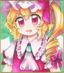 Rule 34 | 1girl, ascot, blonde hair, bow, brooch, fangs, flandre scarlet, hat, hat ribbon, highres, jewelry, maa (forsythia1729), mob cap, puffy short sleeves, puffy sleeves, red bow, red eyes, red ribbon, red vest, ribbon, shirt, short sleeves, solo, touhou, vest, white ascot, white shirt
