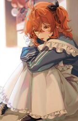 Rule 34 | 1girl, ahoge, apron, black ribbon, blue jacket, blurry, depth of field, fate/grand order, fate (series), frilled apron, frills, fujimaru ritsuka (female), jacket, long sleeves, looking at viewer, medium hair, one side up, orange eyes, orange hair, redrabbit44, ribbon, shoes, sitting, sneakers, solo, tongue, tongue out, track jacket