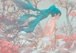 Rule 34 | 1girl, aqua hair, arms at sides, back, back cutout, bare shoulders, clothing cutout, dress, closed eyes, facing viewer, floating hair, flower, from behind, krenz, long hair, original, sleeveless, sleeveless dress, solo, tree, twintails, very long hair, white dress
