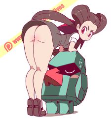 Rule 34 | 1girl, animated, animated gif, arm support, artist name, ass, ass shake, bent over, black dress, black footwear, blush, bottomless, breasts, brown hair, cleft of venus, creatures (company), diives, dress, from behind, full body, game freak, gym leader, hair ornament, hair rings, logo, long hair, looking back, looking to the side, nintendo, no panties, panties, pokemon, pokemon (creature), pokemon oras, pussy, red eyes, red legwear, red panties, roxanne (pokemon), shirt, shoes, short sleeves, simple background, small breasts, standing, sweat, text focus, twerking, twintails, uncensored, underwear, upskirt, watermark, web address, white background, white shirt