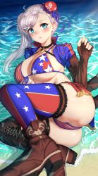 Rule 34 | 1girl, american flag bikini, american flag print, ass, asymmetrical gloves, beach, bikini, blue eyes, blue jacket, blush, boots, breasts, brown gloves, bun cover, choker, cleavage, collarbone, cropped jacket, fate/grand order, fate (series), fingerless gloves, flag print, gloves, hair bun, hair ribbon, highres, ippers, jacket, large breasts, long hair, long sleeves, looking at viewer, miyamoto musashi (fate), miyamoto musashi (fate/grand order), miyamoto musashi (swimsuit berserker) (fate), miyamoto musashi (swimsuit berserker) (second ascension) (fate), open mouth, pink hair, print bikini, ribbon, shore, shrug (clothing), side bun, single hair bun, single side bun, solo, swept bangs, swimsuit, thighhighs, thighs