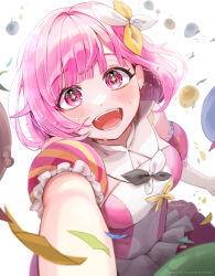 Rule 34 | 1girl, absurdres, breasts, cleavage, detached sleeves, dress, hair ribbon, highres, idol, idol clothes, looking at viewer, medium breasts, ootori emu, open mouth, pink eyes, pink hair, project sekai, ribbon, rounizm, short hair, sleeveless, sleeveless dress, sparkle, star-shaped pupils, star (symbol), sweat, symbol-shaped pupils, teeth, white background