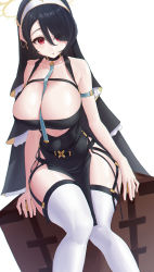 Rule 34 | 1girl, :o, absurdres, arm strap, bare shoulders, between breasts, black choker, black garter belt, black hair, blue archive, breasts, choker, cleavage, covered navel, curvy, demian 221, eyes visible through hair, garter belt, habit, hair over one eye, halo, highres, hinata (blue archive), large breasts, nun, parted lips, pelvic curtain, red eyes, sitting, solo, thighhighs, thighs, white thighhighs, wide hips