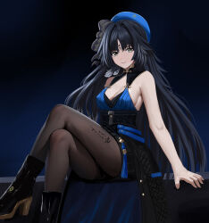 Rule 34 | 1girl, bare shoulders, black gloves, black hair, blue hat, bow, breasts, cleavage, closed mouth, dress, gloves, haruyuki (karem), hat, highres, large breasts, long hair, looking at viewer, medium breasts, multicolored hair, pantyhose, sideboob, smile, solo, tacet mark (wuthering waves), very long hair, wuthering waves, yangyang (wuthering waves)