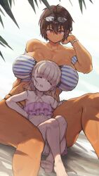 Rule 34 | 2girls, age difference, barefoot, bikini, blonde hair, bracelet, breasts, brown hair, cameltoe, closed eyes, dark-skinned female, dark skin, height difference, highres, huge breasts, jewelry, kei (m k), long hair, looking at another, m k, multiple girls, onee-loli, original, petite, red eyes, rika (m k), short hair, small breasts, sweat, swimsuit, tall, tall female, thick thighs, thighs, tomboy, toned, yuri