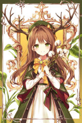 Rule 34 | 1girl, antlers, beret, bow, bowtie, brown hair, coat, dress, flower, framed, green coat, green eyes, green hat, hat, holding, horns, kh (kh 1128), leaf, long hair, long sleeves, looking at viewer, open clothes, open coat, open mouth, original, outside border, smile, solo, standing, white dress, white flower, wing collar