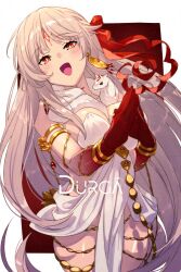 Rule 34 | 1girl, armlet, bare shoulders, belly chain, blush, body markings, bracelet, breasts, character name, cleavage, colored skin, dress, durga (fate), earrings, echo (circa), facial mark, fate/grand order, fate (series), forehead mark, gradient skin, grey hair, hair ribbon, jewelry, large breasts, long hair, looking at viewer, open mouth, pelvic curtain, red eyes, red skin, revealing clothes, ribbon, sash, smile, snake, solo, thighs, thumb ring, very long hair, white dress