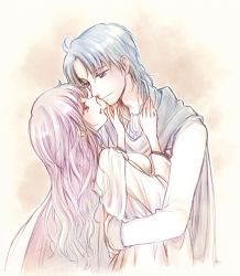 Rule 34 | 1boy, 1girl, arms around waist, blue eyes, blue hair, breasts, brown eyes, cape, couple, deirdre (fire emblem), dress, face-to-face, fire emblem, fire emblem: genealogy of the holy war, hand on another&#039;s face, hetero, hira (otemoto84), hug, light purple hair, long hair, long sleeves, looking at another, nintendo, open mouth, shirt, short hair, sigurd (fire emblem), simple background, smile, upper body