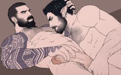 Rule 34 | 2boys, abs, arm hair, arm tattoo, bara, beard, beard stubble, braid, braided beard, chest hair, completely nude, couple, elf, erection, facial hair, feet out of frame, flat color, from below, hairy, hand on another&#039;s head, happy sex, large pectorals, large penis, licking, licking nipple, long beard, male focus, mature male, movd art, multiple boys, muscular, muscular male, mustache, navel hair, nipple stimulation, nipples, nude, original, pectorals, penis, pointy ears, receding hairline, short hair, stubble, tattoo, testicle grab, thick eyebrows, uncensored, yaoi
