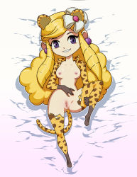 Rule 34 | 1girl, anal, anal object insertion, animal ears, anus, ass, bottomless, cheetah, clitoris, curly hair, daga, dakimakura (medium), earrings, gradient background, jewelry, long hair, lying, nintendo, object insertion, on back, on bed, panties, panties around leg, princess styla, pussy, simple background, smile, solo, spread legs, tagme, the legend of zelda, the legend of zelda: tri force heroes, uncensored, underwear