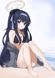 Rule 34 | 1girl, absurdres, arm support, ass, bad feet, bare legs, barefoot, beach, bikini, black bikini, black hair, blue archive, bow, breasts, cardigan, cleavage, collarbone, commentary request, feza chen (ushaku), grey cardigan, hair between eyes, hair bow, hair ribbon, hairband, halo, head tilt, highres, jewelry, knees together feet apart, knees up, long hair, long sleeves, looking at viewer, navel, necklace, ocean, official alternate costume, official alternate hairstyle, open cardigan, open clothes, parted lips, pendant, ponytail, purple eyes, ribbon, sidelocks, simple background, sitting, sleeveless, small breasts, solo, spaghetti strap, stomach, sweatdrop, swimsuit, toes, ui (blue archive), ui (swimsuit) (blue archive), white background