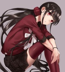 Rule 34 | 1girl, black hair, blunt bangs, commentary request, danganronpa (series), danganronpa v3: killing harmony, ear piercing, from side, grey background, hair ornament, hairclip, harukawa maki, long hair, looking at viewer, low twintails, minami ikkei, mole, mole under eye, piercing, plaid, plaid skirt, pleated skirt, red eyes, red scrunchie, red shirt, red thighhighs, school uniform, scrunchie, serafuku, shirt, short sleeves, simple background, skirt, solo, thighhighs, twintails, very long hair, wristband