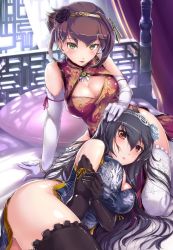 Rule 34 | 10s, 2girls, alternate costume, arm support, bad id, bad twitter id, bangle, bed, black gloves, black legwear, blush, bracelet, breasts, brown eyes, brown hair, china dress, chinese clothes, cleavage, cleavage cutout, clothing cutout, curtains, curvy, dress, earrings, elbow gloves, flower, gloves, green eyes, hair between eyes, hair flower, hair ornament, hand on another&#039;s head, headgear, hi-ho-, highres, jewelry, kantai collection, lap pillow, large breasts, light frown, lingerie, long hair, looking at viewer, lying, multiple girls, mutsu (kancolle), nagato (kancolle), no panties, on bed, on side, open mouth, pillow, shiny skin, short hair, sitting, thick thighs, thighhighs, thighs, underwear, white gloves, white legwear, wide hips