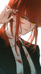 Rule 34 | 1girl, black jacket, black necktie, black suit, blood, blood drop, blood on clothes, blood on face, chainsaw man, chromatic aberration, collared shirt, formal, hand up, highres, jacket, kaicggo, lapels, looking at viewer, makima (chainsaw man), necktie, notched lapels, portrait, red hair, ringed eyes, shirt, short hair, simple background, smile, solo, suit, white background, white shirt, yellow eyes