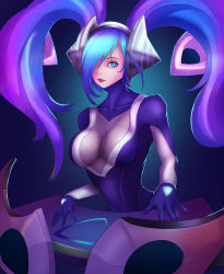 Rule 34 | 1girl, absurdres, alternate costume, bad id, bad pixiv id, blue eyes, blue hair, bodysuit, breasts, dj sona, hair over one eye, headphones, highres, instrument, keyboard (instrument), large breasts, league of legends, lipstick, long hair, looking at viewer, makeup, matching hair/eyes, red lips, skin tight, solo, sona (league of legends), twintails, vinn lam