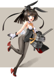 Rule 34 | 10s, 1girl, :d, akizuki (kancolle), alternate hairstyle, animal ears, bare shoulders, black eyes, black hair, black pantyhose, blush, breasts, chou-10cm-hou-chan, cleavage, detached collar, fake animal ears, full body, hairband, high heels, kantai collection, katahira masashi, leotard, long hair, looking at viewer, open mouth, pantyhose, playboy bunny, ponytail, rabbit ears, rabbit tail, simple background, small breasts, smile, solo, tail, wrist cuffs