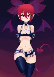 Rule 34 | 1girl, bat wings, bikini, bikini top only, black bikini, black gloves, black shorts, black thighhighs, blush, boviburger, breasts, choker, closed mouth, collaboration, commentary, demon girl, demon tail, disgaea, earrings, elbow gloves, english commentary, etna (disgaea), foot out of frame, gloves, goldiedood, groin, hair between eyes, highres, jewelry, leg up, long bangs, looking at viewer, micro shorts, navel, o-ring, o-ring choker, pointy ears, red eyes, red hair, red wings, short hair, shorts, skirt, skull earrings, small breasts, smile, solo, swimsuit, tail, thighhighs, twintails, wings