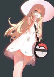Rule 34 | 10s, 1girl, bag, bare arms, bare shoulders, black background, blonde hair, blunt bangs, braid, collared dress, covering own mouth, creatures (company), dress, duffel bag, game freak, green eyes, grey background, hat, highres, hime cut, kincora, lillie (pokemon), long hair, looking at viewer, nintendo, open mouth, poke ball print, pokemon, pokemon sm, see-through, shaded face, side braid, simple background, sleeveless, sleeveless dress, solo, standing, sun hat, sundress, twin braids, white dress, white hat