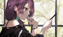 Rule 34 | 1girl, black shirt, bracelet, cellphone, closed mouth, commentary, diagonal bangs, earrings, from side, highres, holding, holding phone, idolmaster, idolmaster shiny colors, jewelry, looking at phone, low tied hair, nail polish, phone, plant, purple eyes, purple hair, purple nails, shirt, smartphone, smile, solo, takagaki eru, tanaka mamimi, window