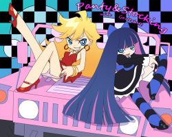 Rule 34 | 10s, 2girls, blonde hair, blue eyes, blue hair, bow, car, dress, earrings, hair bow, hoop earrings, jewelry, long hair, lots of jewelry, mitake eil, motor vehicle, multiple girls, official style, panties, panty &amp; stocking with garterbelt, panty (psg), see-through (psg), siblings, sisters, smile, stocking (psg), striped clothes, striped legwear, striped thighhighs, thighhighs, underwear, vehicle