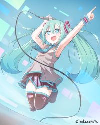 Rule 34 | 1girl, :d, aqua hair, armpits, arms up, black footwear, black skirt, black thighhighs, blue eyes, blue nails, blue necktie, blush, boots, collared shirt, commentary request, fingernails, full body, grey shirt, hair between eyes, hatsune miku, holding, holding microphone, index finger raised, jumping, long hair, looking away, microphone, nail polish, necktie, okota mikan, open mouth, outstretched arm, pleated skirt, shirt, skirt, sleeveless, sleeveless shirt, smile, solo, thigh boots, thighhighs, tie clip, twintails, twitter username, very long hair, vocaloid, wrist cuffs