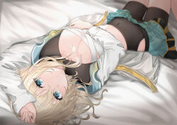 Rule 34 | 1girl, absurdres, arm up, bed sheet, black leotard, blonde hair, blue eyes, blue skirt, breasts, chest sarashi, cleavage, closed mouth, clothes pull, commentary, covered navel, feet out of frame, hair between eyes, haori, highres, hololive, japanese clothes, kazama iroha, leotard, leotard under clothes, looking at viewer, lying, medium breasts, medium hair, miniskirt, on back, on bed, piyottorabitto, pleated skirt, sarashi, skirt, skirt pull, smile, solo, upside-down, virtual youtuber