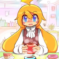 Rule 34 | 1boy, ahoge, androgynous, bleuzer, blonde hair, blue eyes, blush, cafe, cake, cup, doughnut, fang, flying sweatdrops, food, long hair, male focus, milky (bleuzer), mug, no nose, open mouth, original, solo, twintails
